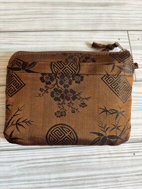 Red Blossom Brown Floral Silk Jacquard Zip Pouch - Women Bags